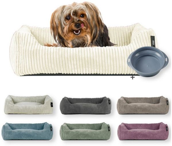 Rohrschneider Tierbett Hundebett Cord für kleine Hunde mit waschbarem Bezug inkl. Futternapf, antiruschbeschichtete Unterseite