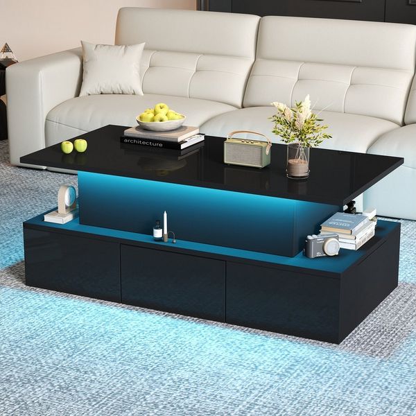 MODFU Couchtisch Kaffeetisch mit hydraulischer Hebefunktion (Wohnzimmertisch, Beistelltisch, 1-St, mit 4 Schublade), mit LED-Beleuchtung