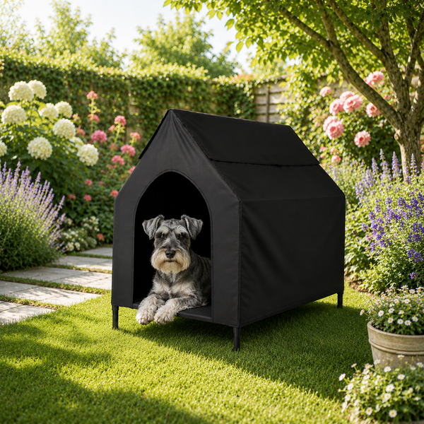 belviona Hundeliege mit Dach, erhöhtes Hundebett für Garten, Terrasse und Balkon, wasserabweisend & belastbar bis 40 kg, 90 x 65 x 85 cm, schwarz
