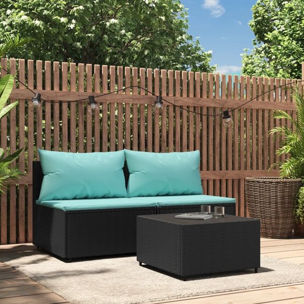 vidaXL 3-tlg. Garten-Lounge-Set mit Kissen Schwarz Poly Rattan 319803