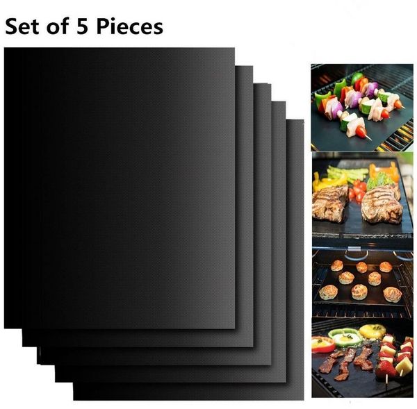 EXTSUD Grillplatte BBQ Set, grill zubehör, grillmatte für gasgrill (5er Set Antihaft Grillmatten Teflon BBQ Grill 40x33cm Grillplatte Gasgrill, 5-St), Wiederverwendbare BBQ Grillmatten Backmatte