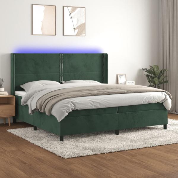 vidaXL Boxspringbett mit Matratze & LED Dunkelgrün 200x200 cm Samt 3139526