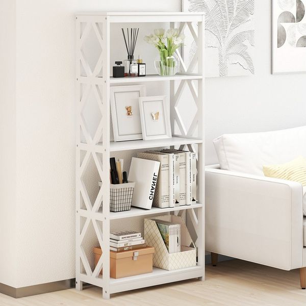 COSTWAY Bücherregal, Holz, Standregal mit rhombischer Struktur weiß 70x30x155cm