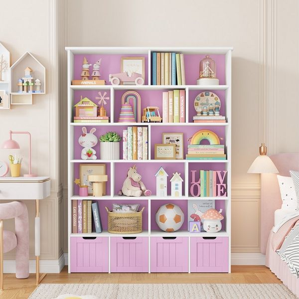 Homfa Kinderregal mit 4 Spielzeugkisten auf Rollen, Spielzeugregal mit 12 offenen Fächern Spielzeugtruhe 125x175x33cm weiß