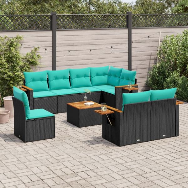 vidaXL 9-tlg. Garten-Sofagarnitur mit Kissen Schwarz Poly Rattan 3227009