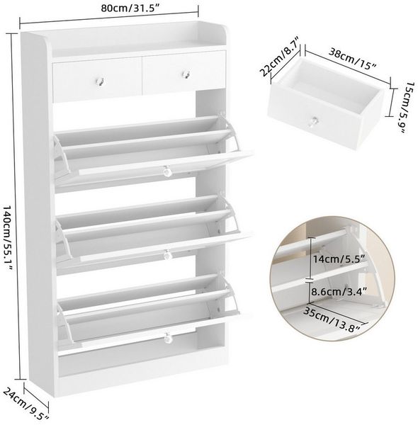 VOWNER Schuhschrank mit 3 Klappen, schmal mit 2 Schubladen, 80x24x140cm (1-St) verstellbare Ablage, Anti-Kipp-Sicherung, für Eingang/Flur