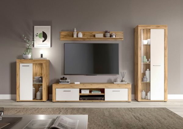 Home affaire Wohnwand AOSTA, Breite 310cm, 4-teilige Wohn-Kombination, (4-St, bestehend aus: Vitrine, Lowboard, Wandboard & Vitrine hoch), Wohnwand, Kombination, Anbauwand, Möbel Set, Schrankwand, Möbel Kombi