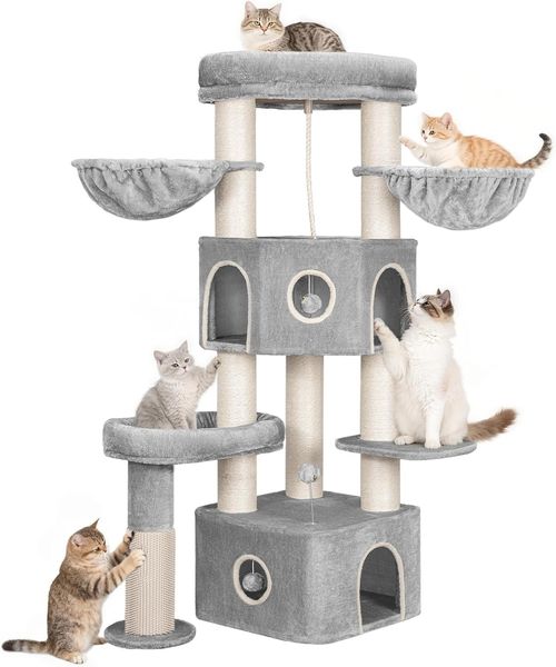 Kratzbaum, 163 cm Katzenbaum, 11 cm d Dicke Sisalstämme, für Große Katze, 2 Höhlen, Geräumige plattform, Plüschball, Katzenbürste, Mehrstöckiger Katzenkratzbaum, Hellgrau Beige