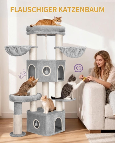 Kratzbaum, 163 cm Katzenbaum, 11 cm d Dicke Sisalstämme, für Große Katze, 2 Höhlen, Geräumige plattform, Plüschball, Katzenbürste, Mehrstöckiger Katzenkratzbaum, Hellgrau Beige