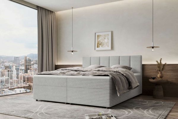 99rooms Bergamo Boxspringbett Cordstoff AMBIENCE Hellgrau 160x200 cm Schaum Topper 6 cm