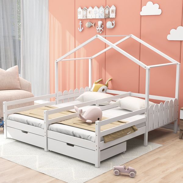 Bett 200x90 cm mit Stauraum und Gitter – Hausbett aus Kiefer mit zwei Schubladen