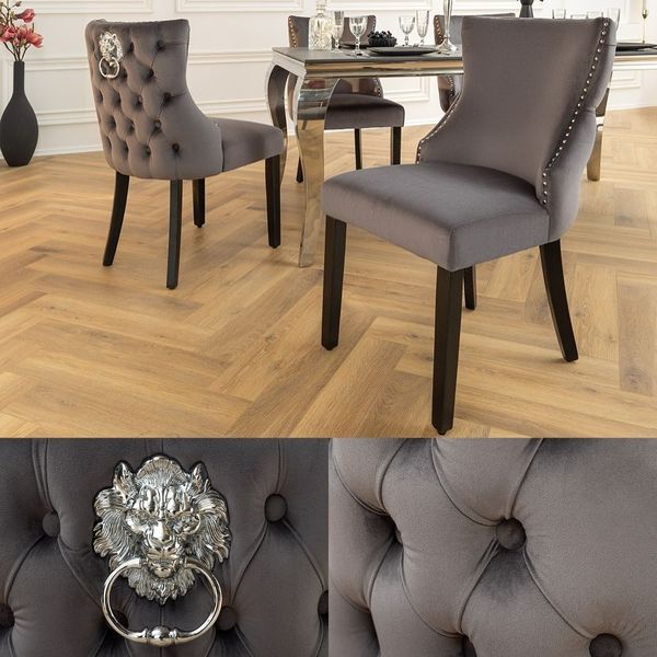 Edler Stuhl LEON Samt grau Löwenkopf Nieten Chesterfield schwarze Beine