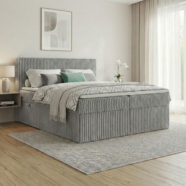 Boxspringbett RALF 120 x 200 cm mit Bettkasten, Topper und gepolstertem Kopfteil. Farbe: Grau, Härtegraden: H3 , Topper: Visco-Topper