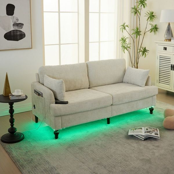 MODFU Sofa Modernes 2-Sitzer Loungesofa, LED-Beleuchtung & USB-Ladeanschluss, Schlafsofa mit Aufbewahrungstasche, mit Chenille-Stoff, bis 250 kg Belastung