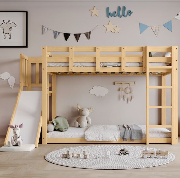 Bett 90x200 cm Etagenbett mit Rutsche und Treppe – Naturholz mit Bettvorhang, kindersicher
