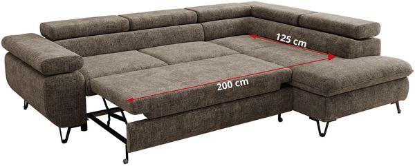 MKS Möbel 'Pablo L-Form' Ecksofa mit Schlaffunktion, verstellbare Kopfstützen, Braun, Schenille grob, T25 Topper, Links Bild 7