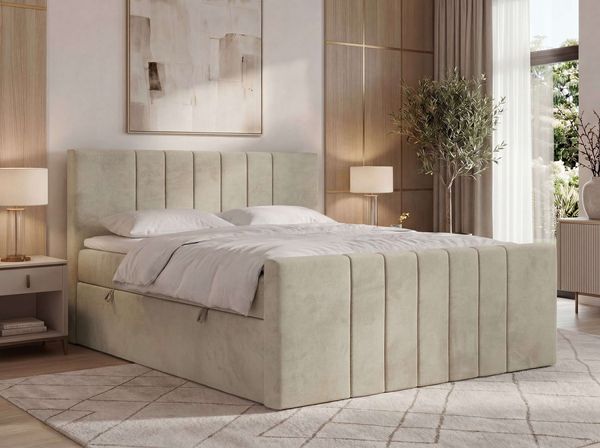 Boxspringbett INERO DUO, Doppelbett mit Multipocket-Matratze H4, Boxspringbett mit Stauraum, gestepptes Kopfteil - 160 x 200 - Beige Velvet - Topper Visco