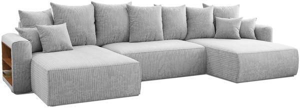 MEBLINI Schlafcouch mit Bettkasten - 350 x 160 x 78 cm - Hellgrau Cordstoff - NAPLES - Ecksofa mit Schlaffunktion - Sofa mit Relaxfunktion und Kopfstützen - Couch U-Form - Eckcouch - Wohnlandschaft