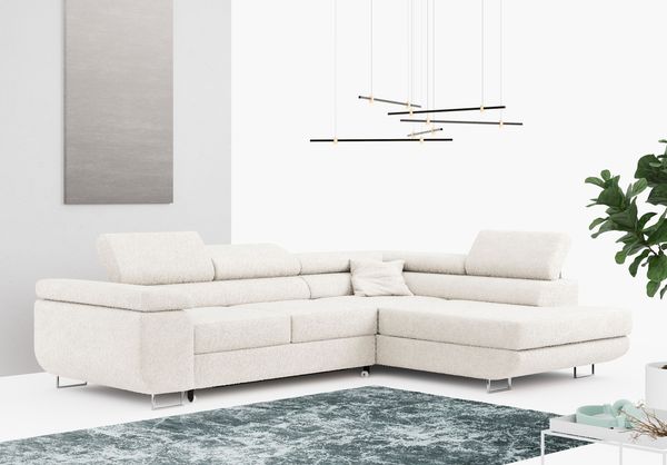 Ecksofa L-Form Couch mit Schlaffunktion und Verstellbare Kopfstützen - GUSTAW - Weiß Boucle - Rechts