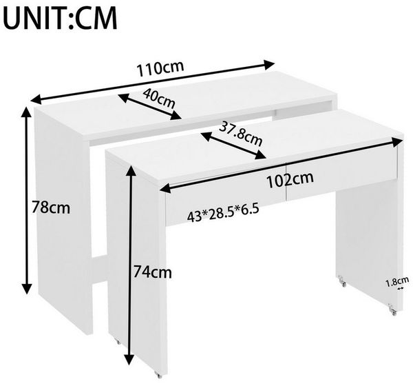 Merax Schreibtisch 2-in-1 ausziehbarer Kompaktschreibtisch (110×40×78 cm, 1-St, platzsparend & multifunktional, für kleine Wohnungen & Homeoffice), Faltbarer Regalschreibtisch Kommode mit Rollen, flexibel kombinierbar