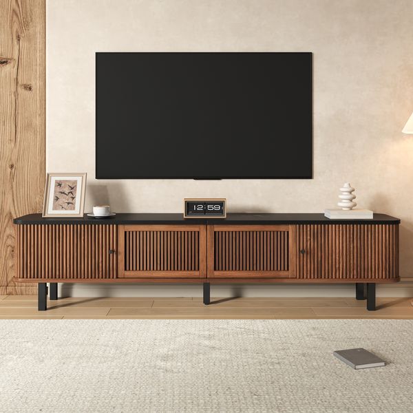 TV-Schrank 190 x 35 x 45 cm in Nussbaumoptik, mit Schiebetüren, Gitterfront und Eisenrahmen