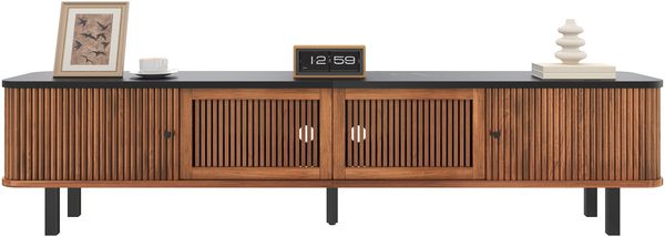 TV-Schrank 190 x 35 x 45 cm in Nussbaumoptik, mit Schiebetüren, Gitterfront und Eisenrahmen Bild 7