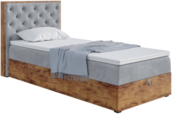 MEBLINI Boxspringbett LOFTY 3 90x200 cm mit Bettkasten – H4/Grau Samt Gepolstert Einzelbett mit Topper & Taschenfederkern-Matratze