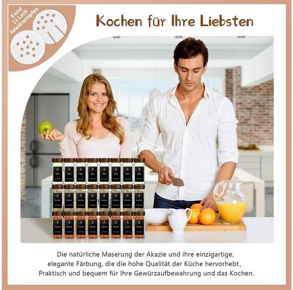 KingLux Gewürzbehälter 35Stk. Gewürzdosen Mit 200 Gewürzetiketten,Gewürzgläser Eckig -Set, Borosilikatglas+Akazienholz, (35-tlg)