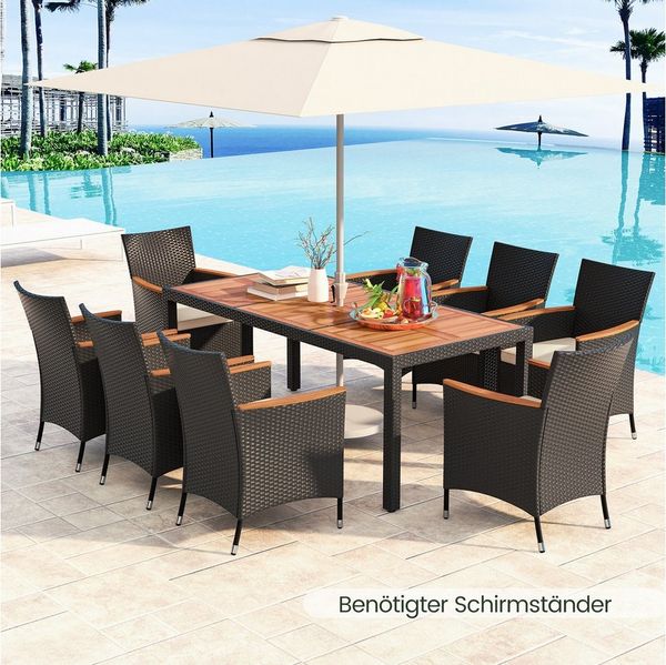 COSTWAY Garten-Essgruppe, (9-tlg), Rattan, Akazienholz, für 8 Personen, mit Kissen