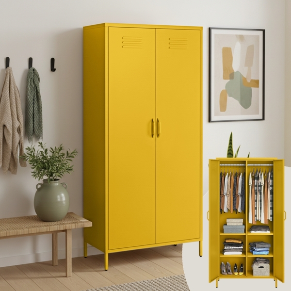 skølm 'Atria' Kleiderschrank, Metall, 170x45x80 cm, senfgelb, Garderobe mit 4 Fächern und 2 Kleiderstangen