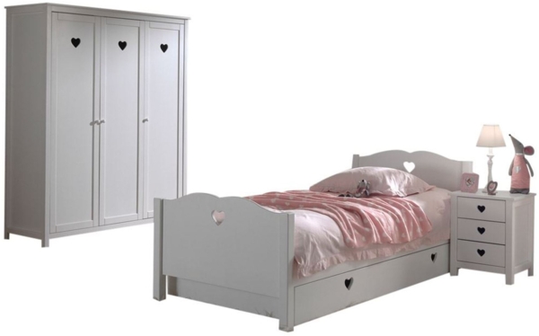 Amori Set best. aus Einzelbett 90 x 200 cm mit Lattenrost, Bettschublade, Nachtkonsole und Kleiderschrank 3-trg, Ausf. MDF weiß lackiert