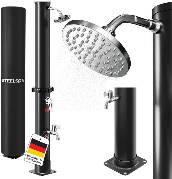 STEELSØN 'Velion' Solardusche 40 Liter, schwarz, warmes Wasser bis 60°C, Gartendusche mit schwankendem Regenduschkopf und Wasserhahn, Outdoor Dusche inkl. Schutzhaube