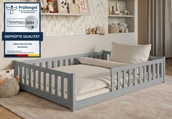 Kids Collective Kinderbett Bodenbett Bett mit Rausfallschutz & Lattenrost Montessori Bett Kinder (Jungen, Mädchen, Kinder, weitere Größen 80x160, 80x180, 90x190, 90x200, 120x200 cm), Jugendbett Gitterbett Einzelbett mit Matratze, Aschgrau 140x200 cm