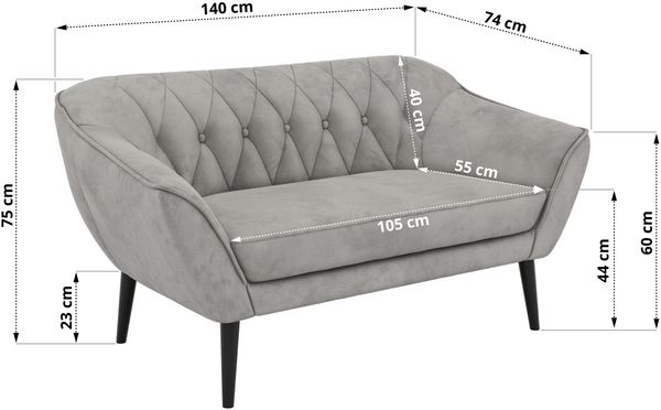 Polstersofa PIRS 2 Skandinavisches Sofa 2-Sitzer, Sofa mit Wellenfederung, Breite 140 cm, schwarze Füße Hoher Sitzkomfort - Hellgrau Velvet Bild 5