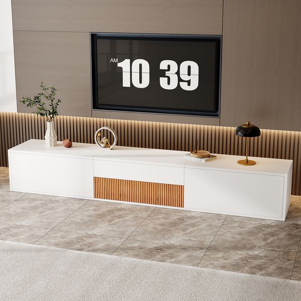 TV-Schrank 180 x 34 x 30 cm aus Spanplatte in Weiß, mit ausziehbarer Projektorablage, Stand- oder Wandmontage