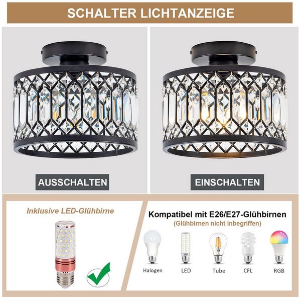 Jibenhome LED Pendelleuchte Schwarz Deckenleuchte mit Kristallschirm,Moderne Deckenlampe , LED wechselbar, E26/E27,3 Farbtemperaturen, fürWohnzimmer,Küche,Flur,Büro