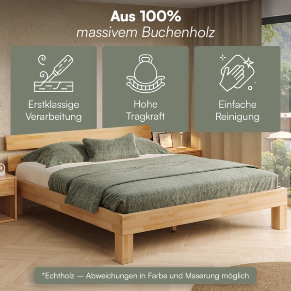 skølm 'Floki' Bett 180x200 cm, Bettgestell, natur geölt, Massivholzbett aus Buche, Doppelbett mit Bettkopf Bild 4