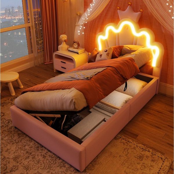 BlingBin Prinzessinbett Kinderbett Einzelbett (1-tlg, Polsterbett mit hydraulischem Stauraum, verstellbarem Kopfteil), LED-Beleuchtung mit APP-Steuerung, Kronendesign, PU-Leder