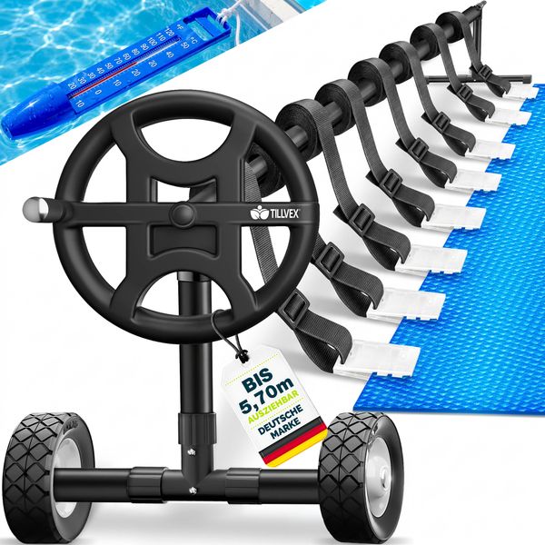 tillvex Pool Aufroller Premium 3-5,70 m mit Vollgummireifen inkl. Thermometer & Bänder| Aufrollsystem für Solarfolie | Aufrollvorrichtung für Poolplane & Abdeckung | witterungsbeständiges Material