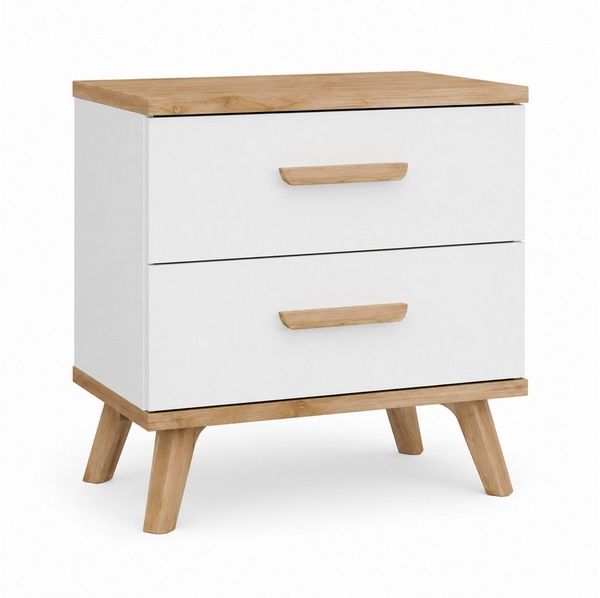 ibonto Nachtkommode Nachttisch weiß Eiche Artisan 2 Schubladen Holzbeine 45 cm (1 Nachttisch)