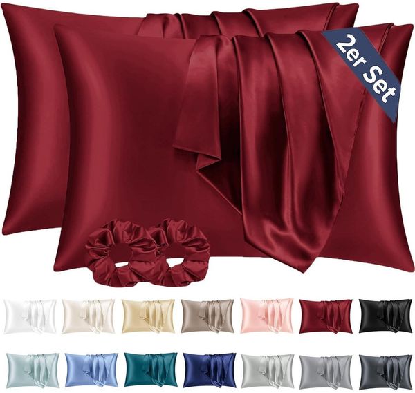 2er-Set Satin Kissenbezug 50x80 Rot Haarpflege Hautpflege mit Haargummis
