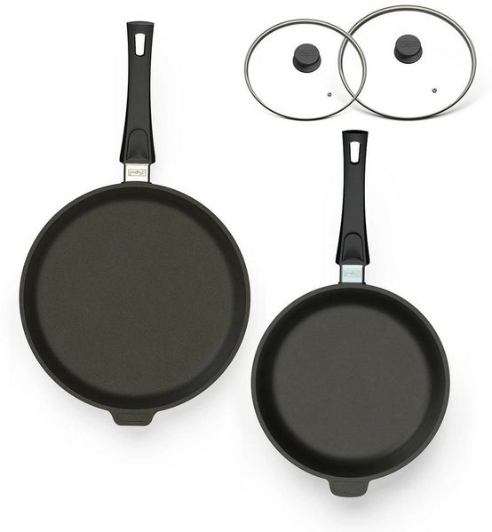 Hoffmann Germany Pfannen-Set Induktion Starter 4-tlg. Ø 24 & 28 cm mit Deckel – Made in Germany, Aluguss (Set, 4-tlg, 1x Bratpfanne Ø 28 cm + 1x Hochrandpfanne Ø 24 cm + 2x Glasdeckel), abnehmbarer Griff, Antihaft, backofenfest bis 250°C, Induktion