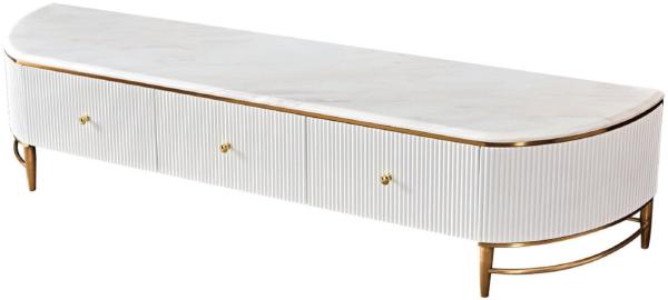 Casa Padrino Luxus TV Schrank Weiß / Messingfarben / Gold 200 x 40 x H. 42 cm - Modernes Wohnzimmer Sideboard mit 3 Schubladen - Moderne Wohnzimmer TV Möbel