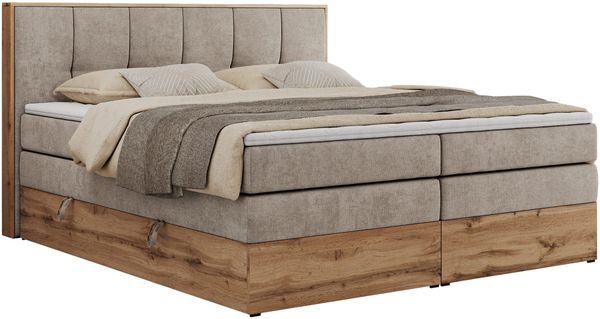 Boxspringbett, Doppelbett mit zwei 7 Härtezonen Multipocket-Matratzen, Bettkästen, Eiche Wotan Holzrahmen, Polsterbett mit Topper-Matratze - ALBERO 1 KING - 200 x 200 cm - Beige Stoff - H3 Bild 4