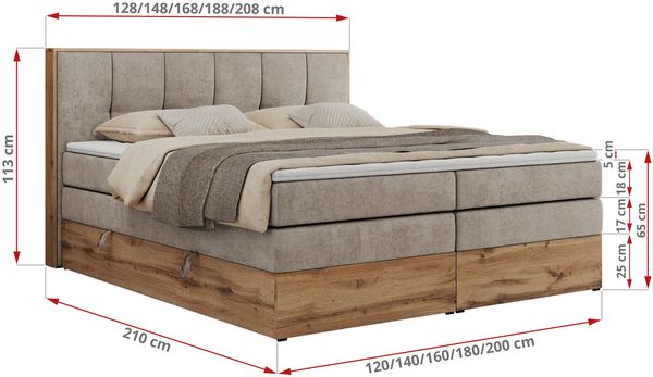 Boxspringbett, Doppelbett mit zwei 7 Härtezonen Multipocket-Matratzen, Bettkästen, Eiche Wotan Holzrahmen, Polsterbett mit Topper-Matratze - ALBERO 1 KING - 200 x 200 cm - Beige Stoff - H3 Bild 6