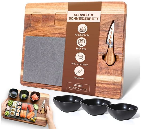 PEGSEN Servierbrett Snacktablett Holz mit Schieferplatte inkl. Käsemesser & drei Schalen, Akazie, (Set, 6-St, Servierplatte mit Käsemesser), Antipasti - Käseplatte, Tapas