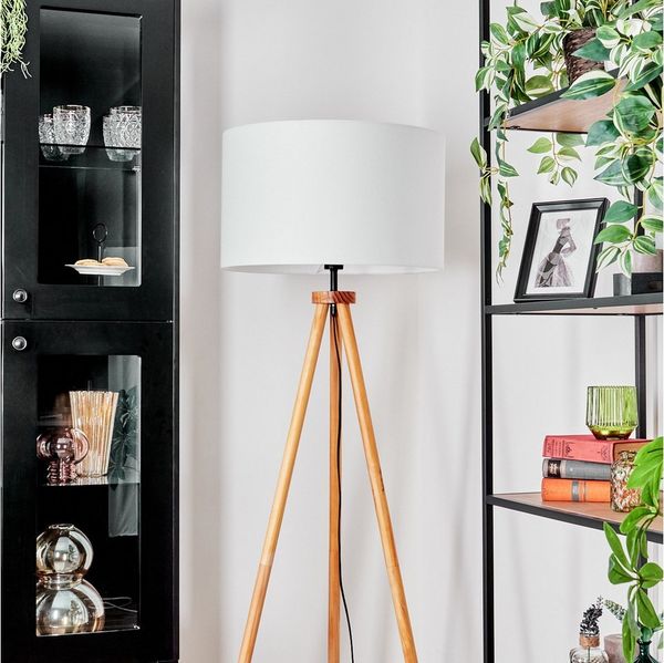 hofstein Stehlampe Stehlampe aus Holz/Metall im modernen Boho-Design, ohne Leuchtmittel, Stehleuchte mit Schirm aus Stoff und Fußschalter, Ø 50 cm, 154 cm, E27