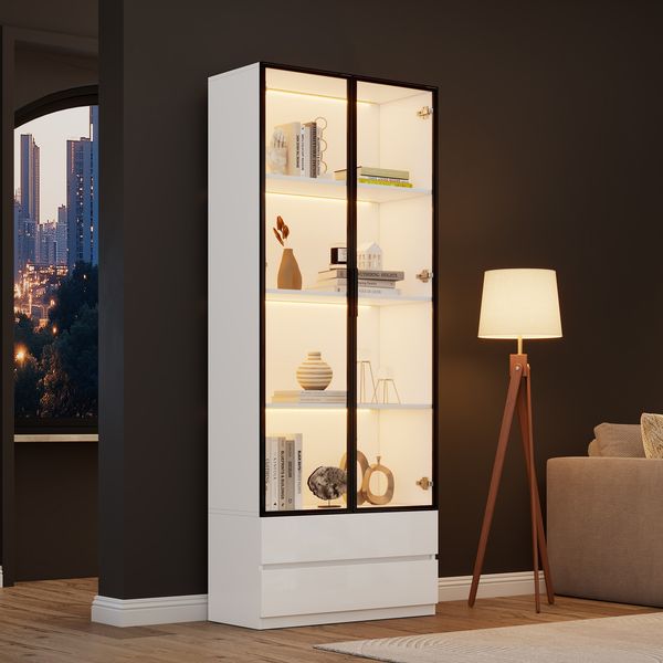 Vitrine, Hochschrank mit LED Wohnzimmer-Beistellschrank 2 Türen 2 Schubladen Aluminiumrahmen, Aluminium+Holz, Weiß, 80x34x200cm
