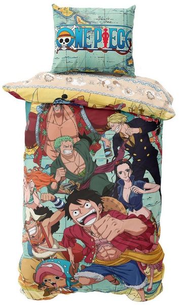 MTOnlinehandel Bettwäsche One Piece Anime 135x200+80x80 cm Ruffy und seine Piratencrew, Microfaser, 2 teilig, Manga, Monkey D. Ruffy, Sanji, Nico Robin, Nami, Tony Tony Chopper