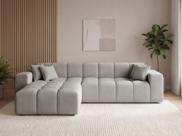 GRAINGOLD Ecksofa Loopo, Couch L-Form mit Wellenfeder, Velour-Stoff, Grau, Links